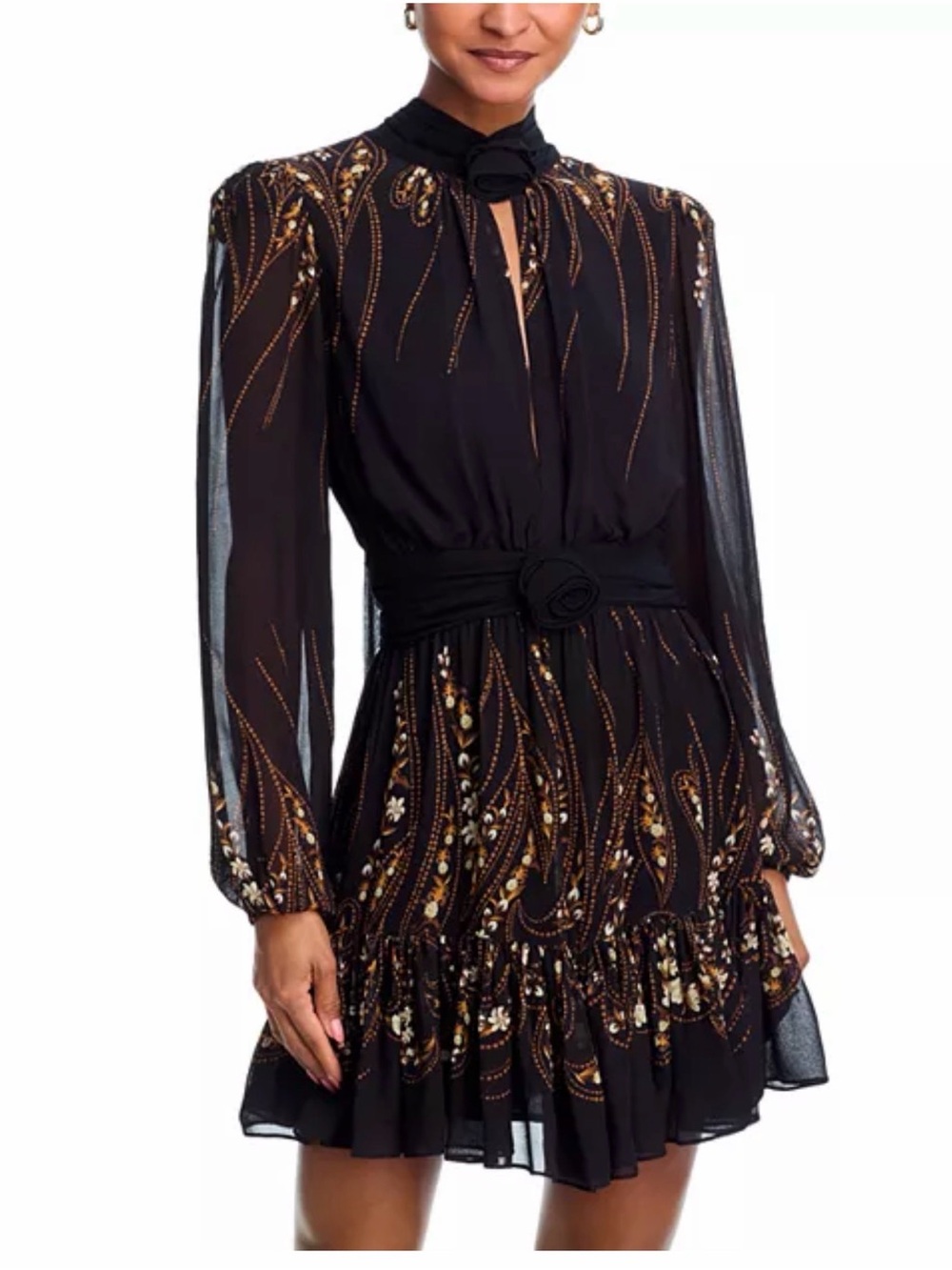 FARM Rio Black Floral Long Sleeve Mini Dress